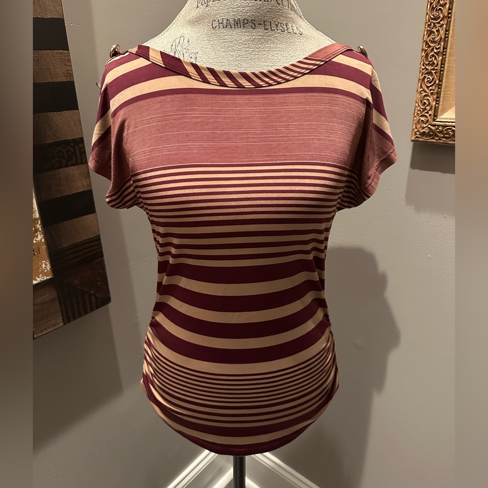 EUC Mine Burgundy/Beige Striped Boatneck Top